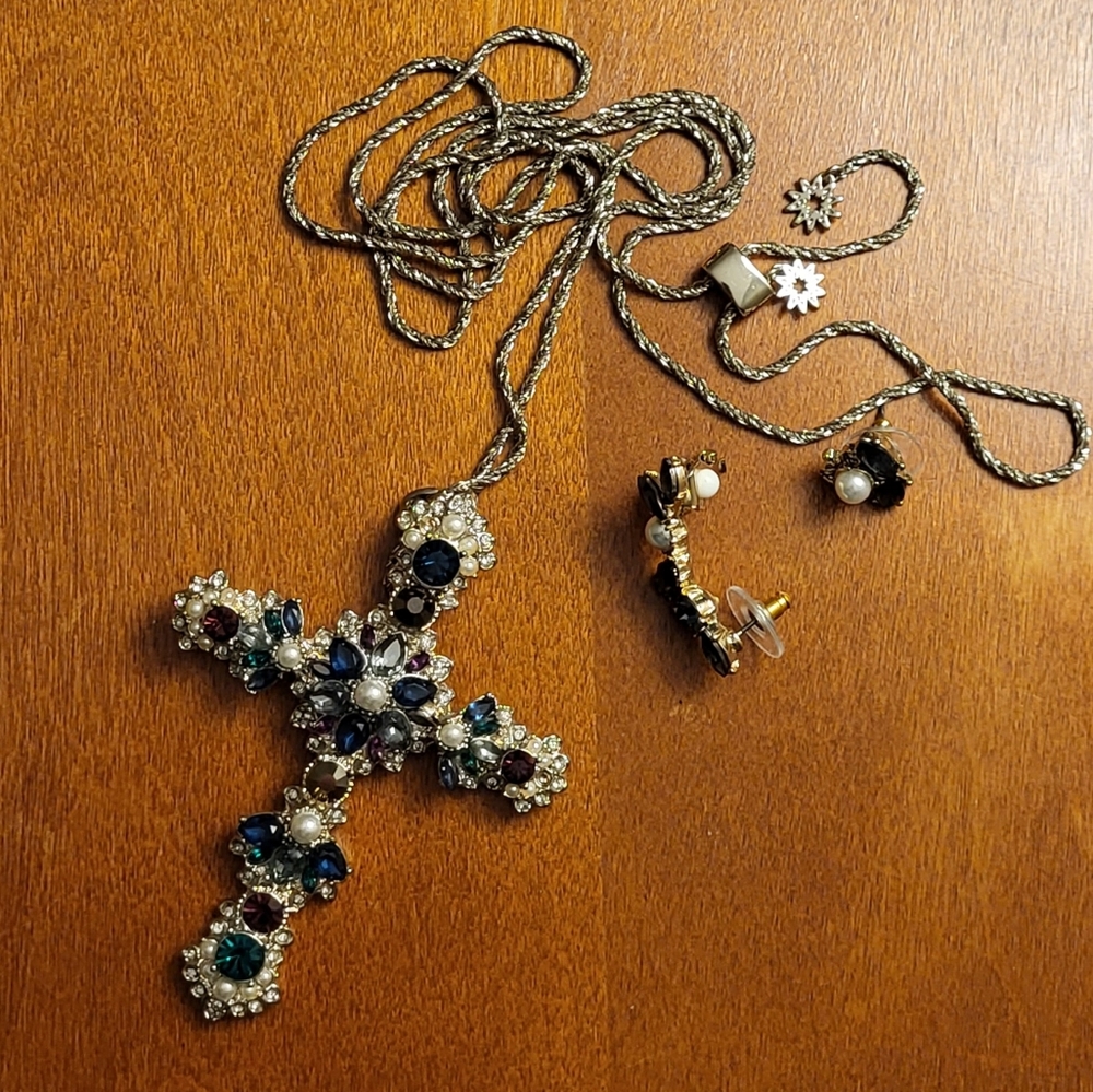 Marchesa cross necklace and assymetrical earrings